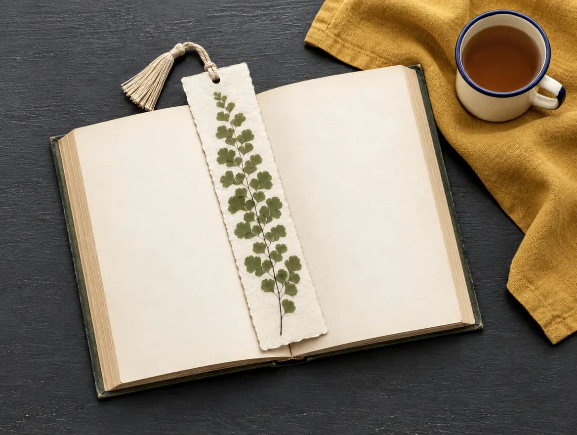A fern bookmark lying across an open book