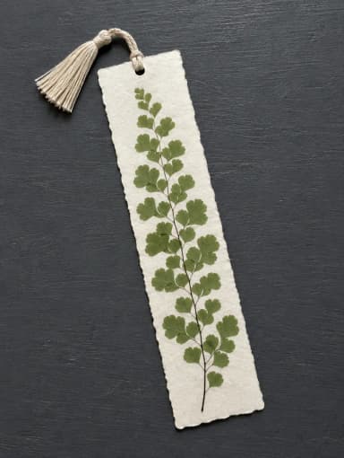 A long bookmark with a pressed maidenhair fern and a linen tassel