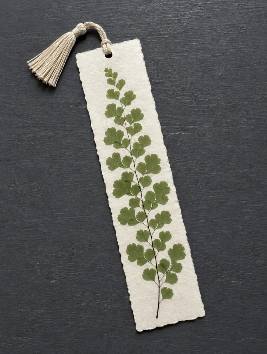 A long bookmark with a pressed maidenhair fern and a linen tassel
