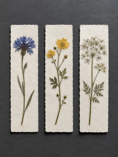 Three bookmarks with a pressed cornflower, buttercup and cow parsley on a charcoal table