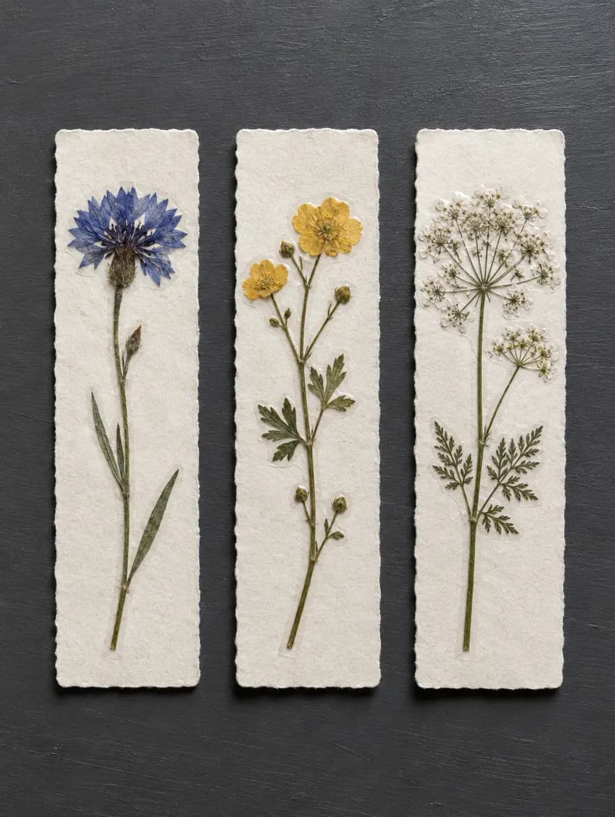 Three bookmarks with a pressed cornflower, buttercup and cow parsley on a charcoal table