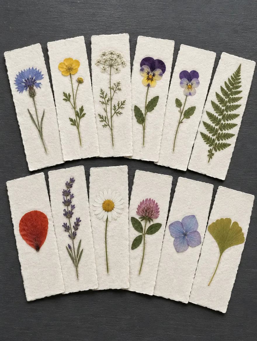 Twelve bookmarks with different pressed flowers fanned out on a table