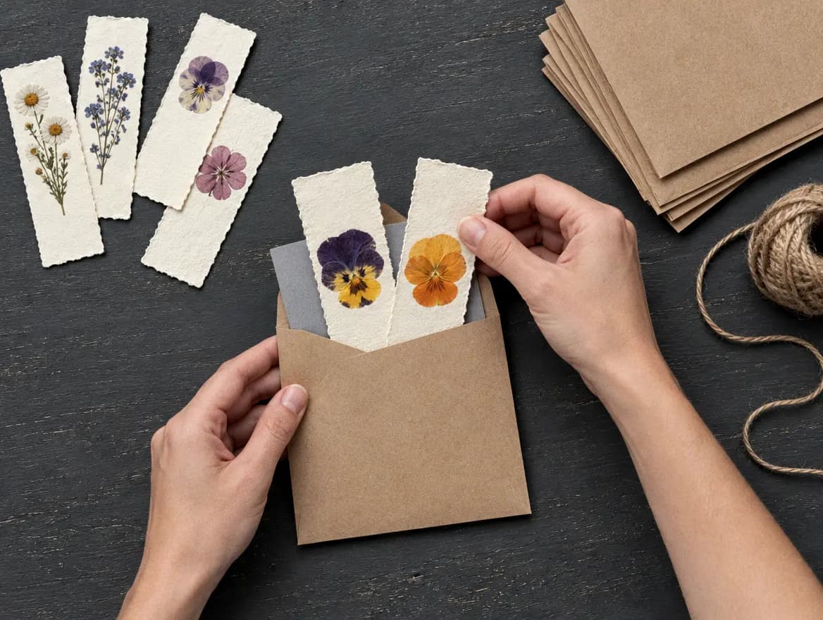 Hands sliding two pansy bookmarks into a kraft envelope