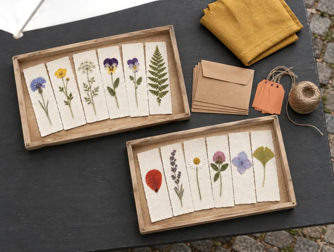 Trays of pressed-flower bookmarks laid out on a table